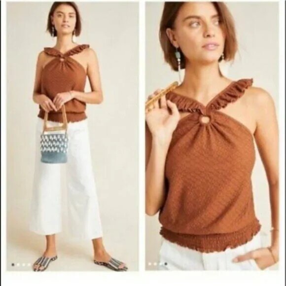 Anthropologie Marisol Ruffle‎ Halter Top In Brown Size XS - Picture 3 of 13